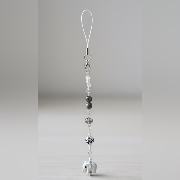Handmade Other - Elephant Beaded Phone Charm - Gray and White